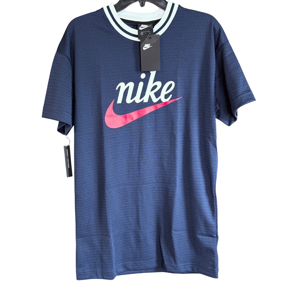 Nike Men's Mesh T-Shirt Navy Blue Red Swoosh Logo Short Sleeve Top S